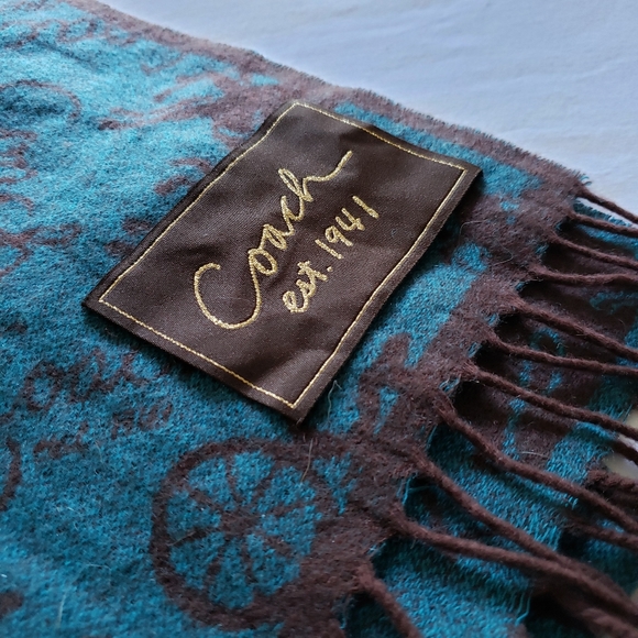 Like New Coach Teal & Brown Wool/Cashmere Scarf - Picture 3 of 7
